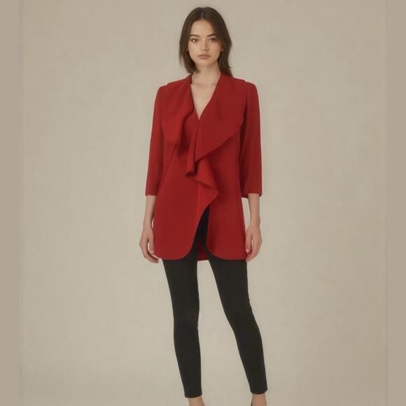 Calvin Klein Red Knit Open Front Ruffle Waterfall Comfy Long Jacket Women Sz 8P - Picture 1 of 11